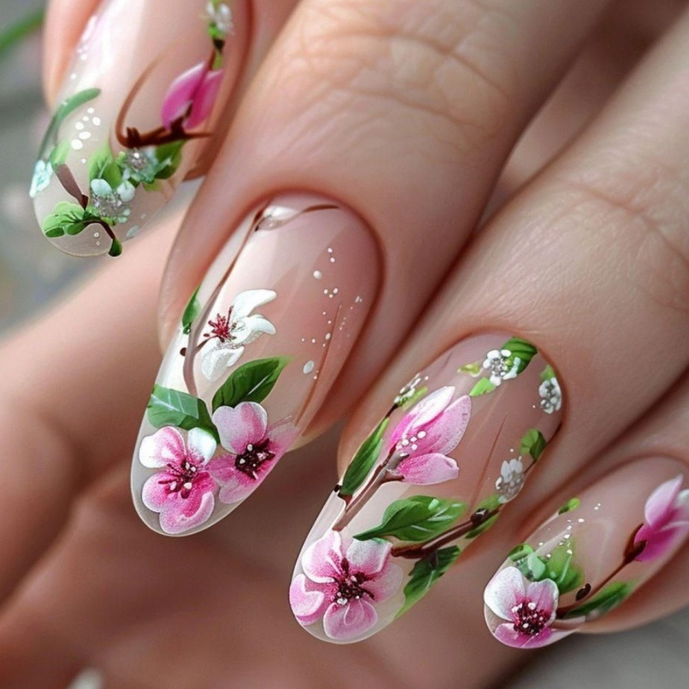 Press On Nail Set - Короткие миндалевидные накладные ногти 3D Цветочные