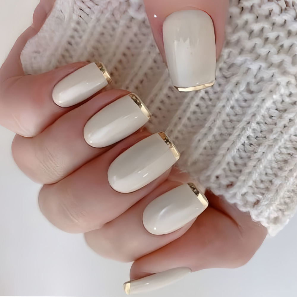 Press On Nail Set - Средние накладные ногти для женщин, бежево-кремово-белые